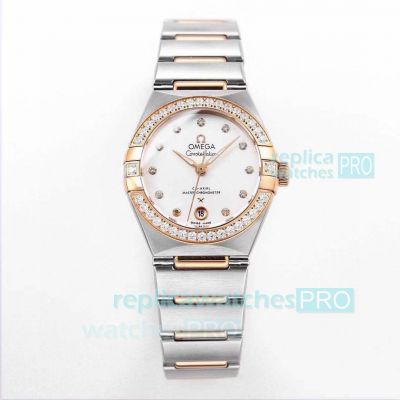 OM Factory Replica Omega Constellation Rose Gold Diamond Bezel White Diamond Marks Dial Watch